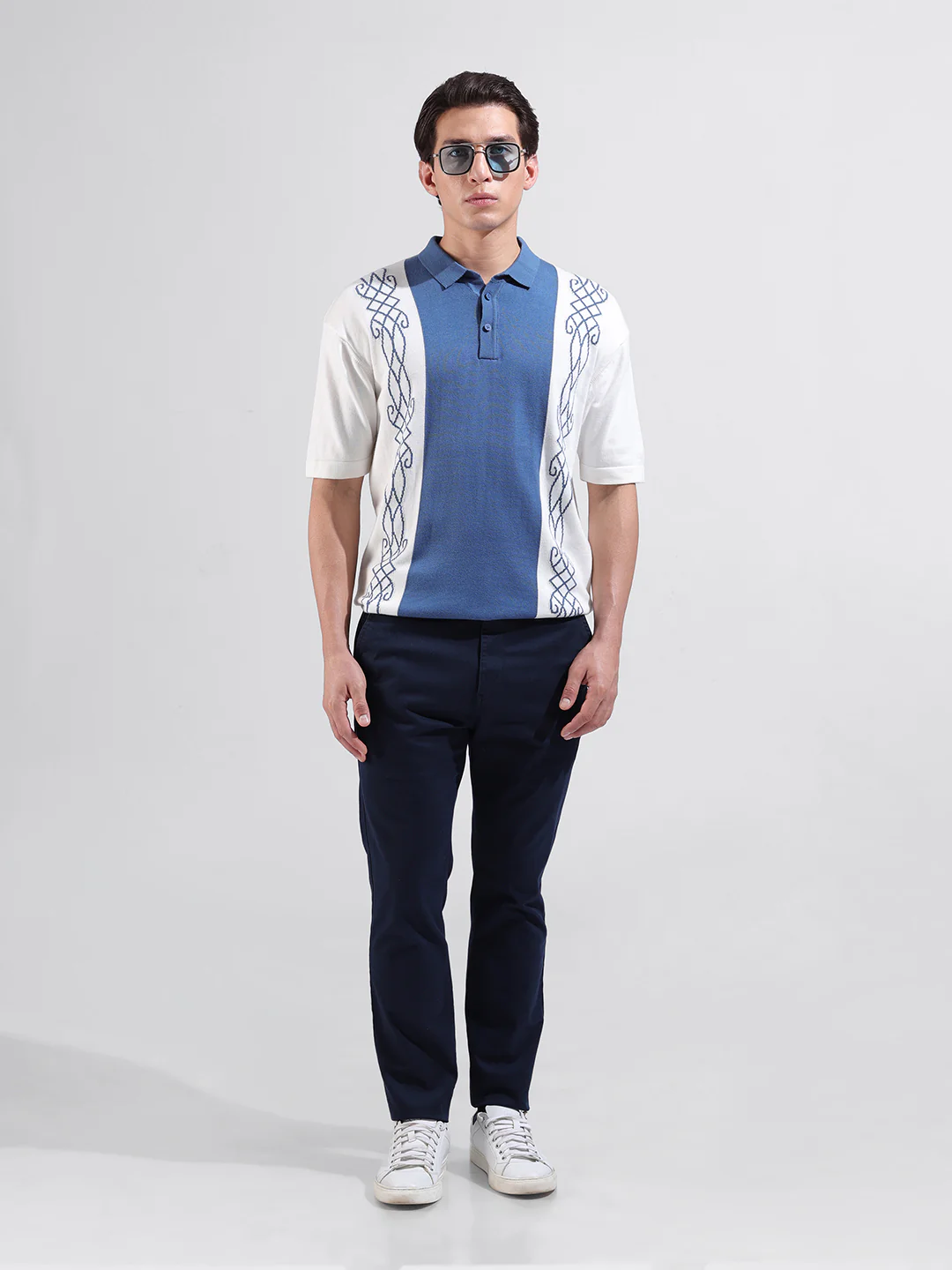 Men's White Oversized Fit Striped Flat Knit Polo T-Shirt - Image 7
