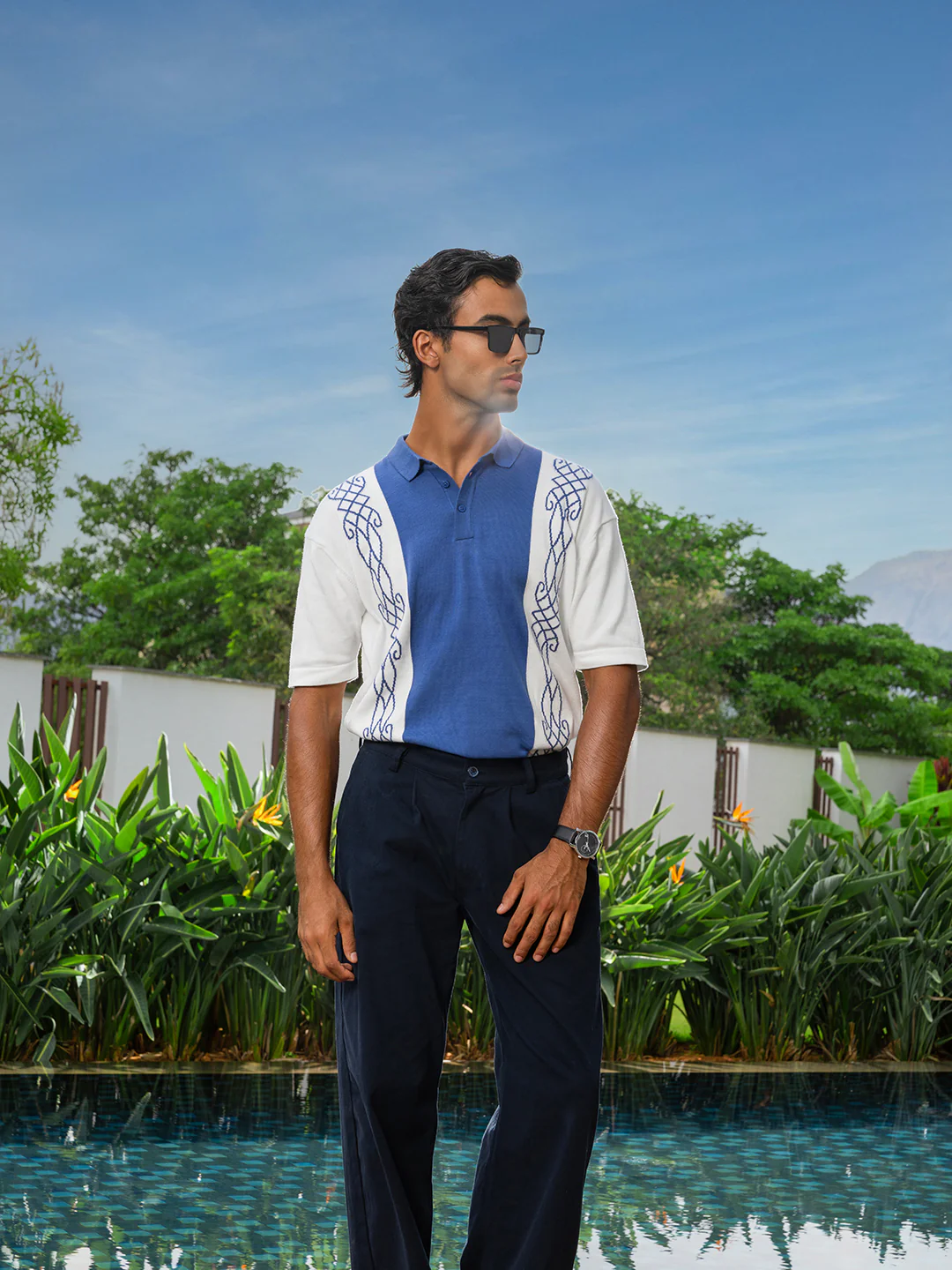 Men's White Oversized Fit Striped Flat Knit Polo T-Shirt - Image 9