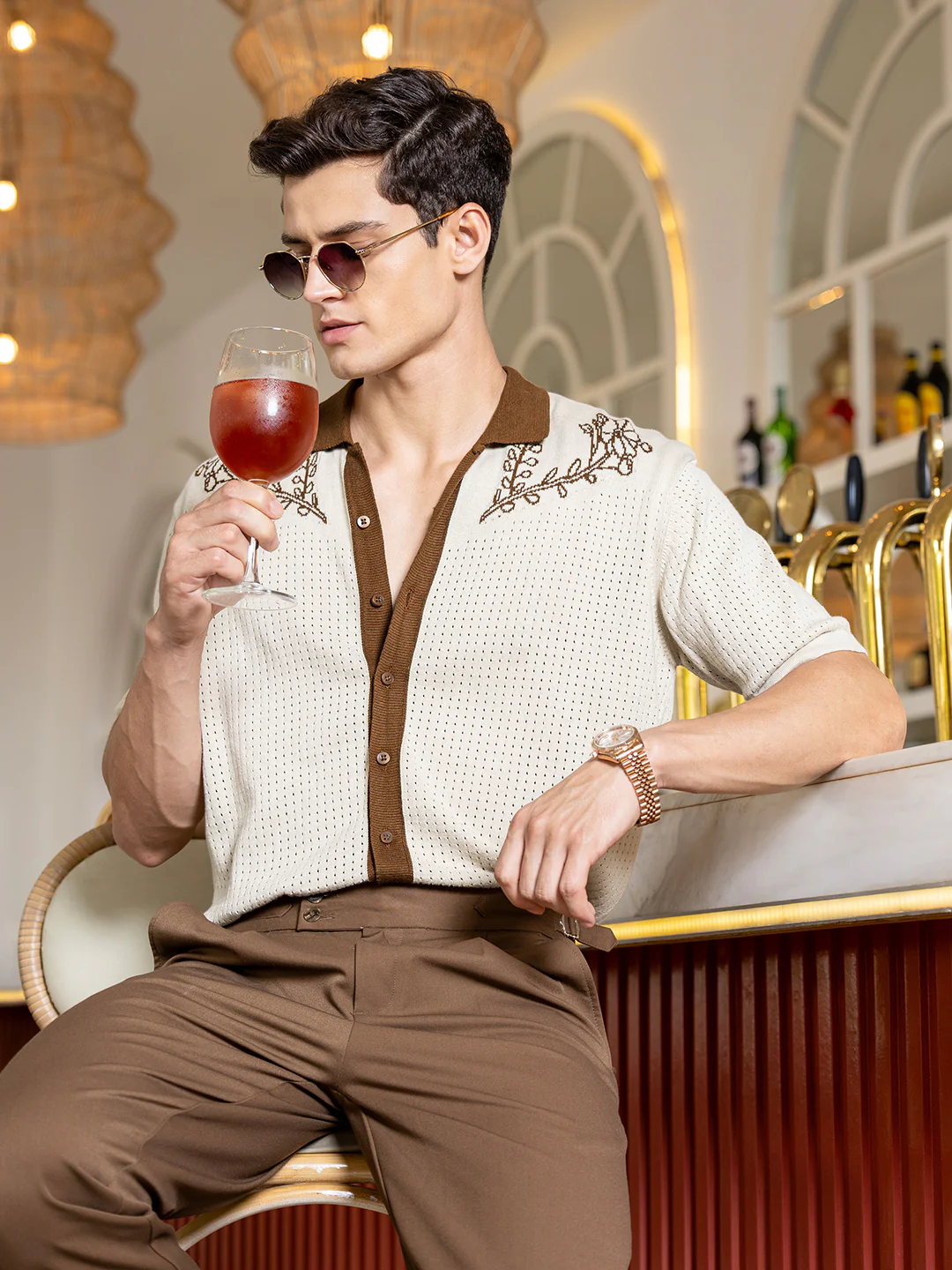 Men's Cream Oversized Fit Embroidered Flat Knit Shirt