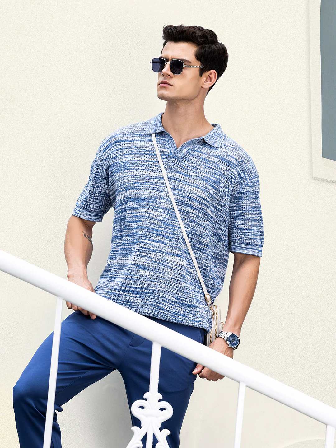 Men's Blue Oversized Fit Solid Flat Knit Polo T-Shirt