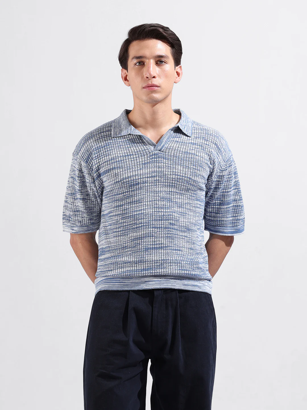 Men's Blue Oversized Fit Solid Flat Knit Polo T-Shirt - Image 2