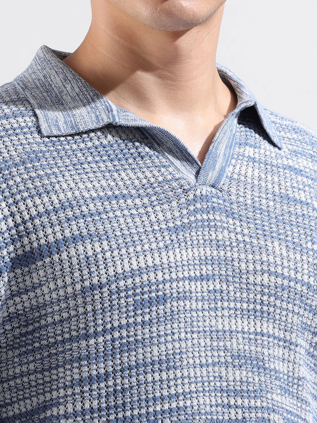 Men's Blue Oversized Fit Solid Flat Knit Polo T-Shirt - Image 3