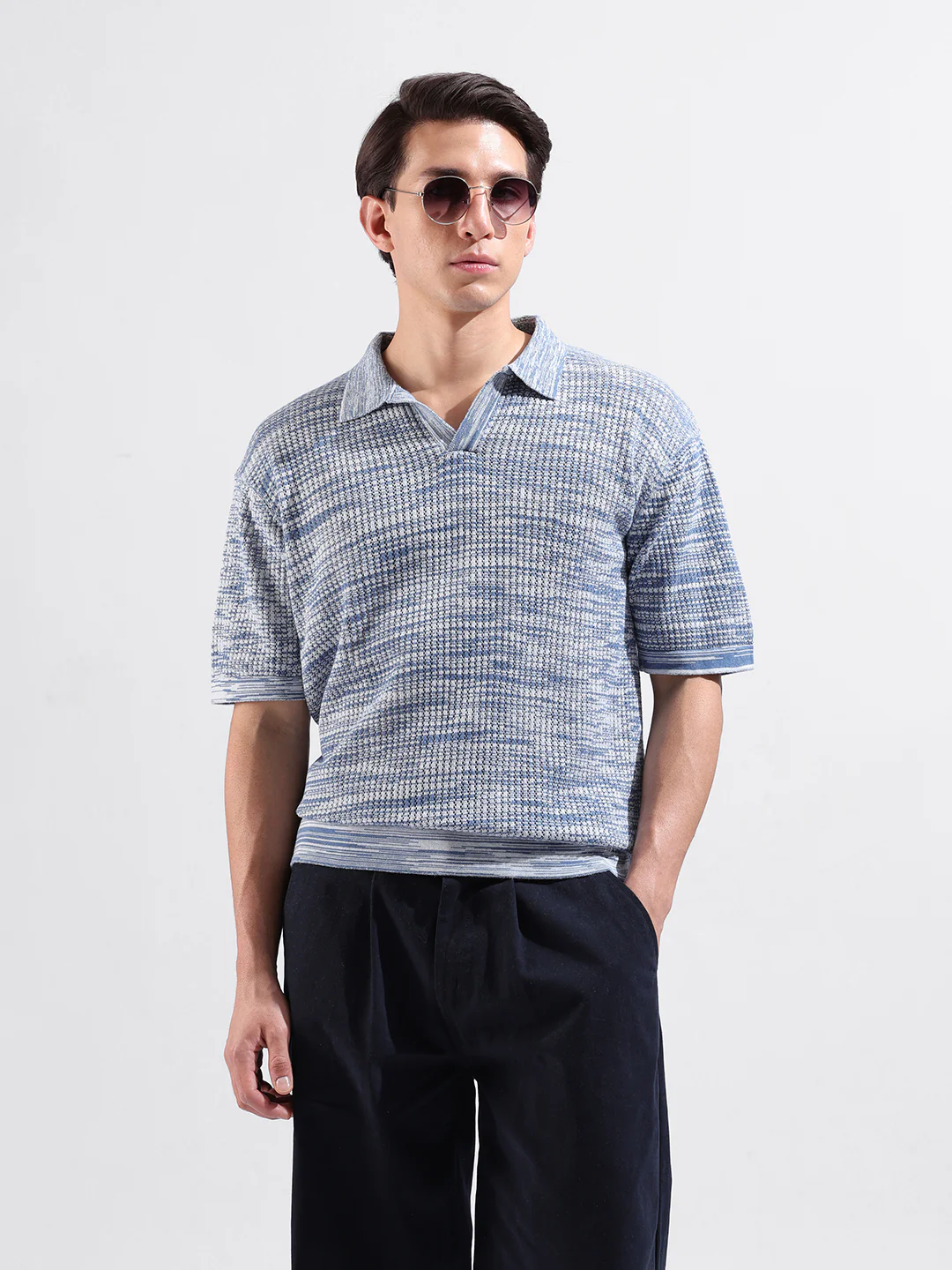 Men's Blue Oversized Fit Solid Flat Knit Polo T-Shirt - Image 4