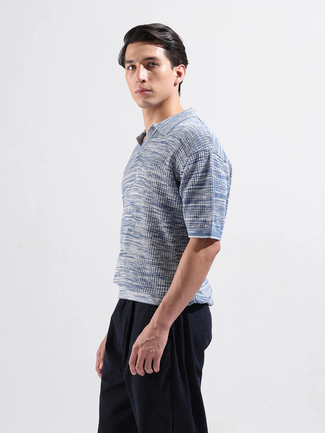 Men's Blue Oversized Fit Solid Flat Knit Polo T-Shirt - Image 5
