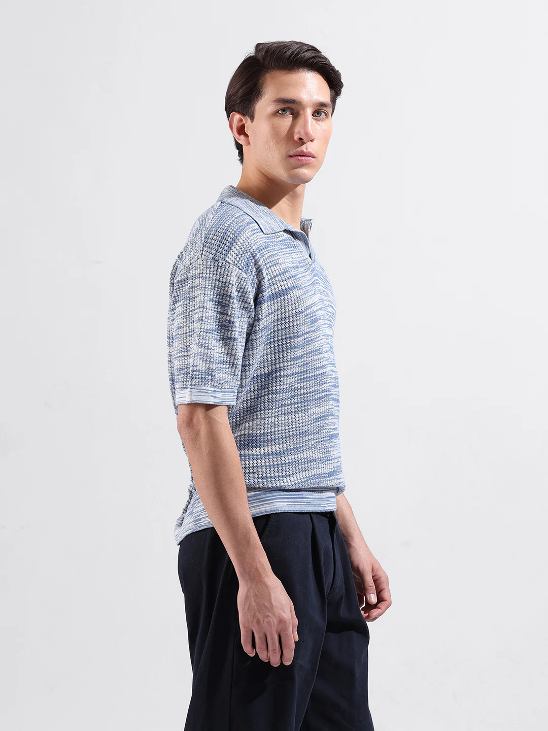 Men's Blue Oversized Fit Solid Flat Knit Polo T-Shirt - Image 6