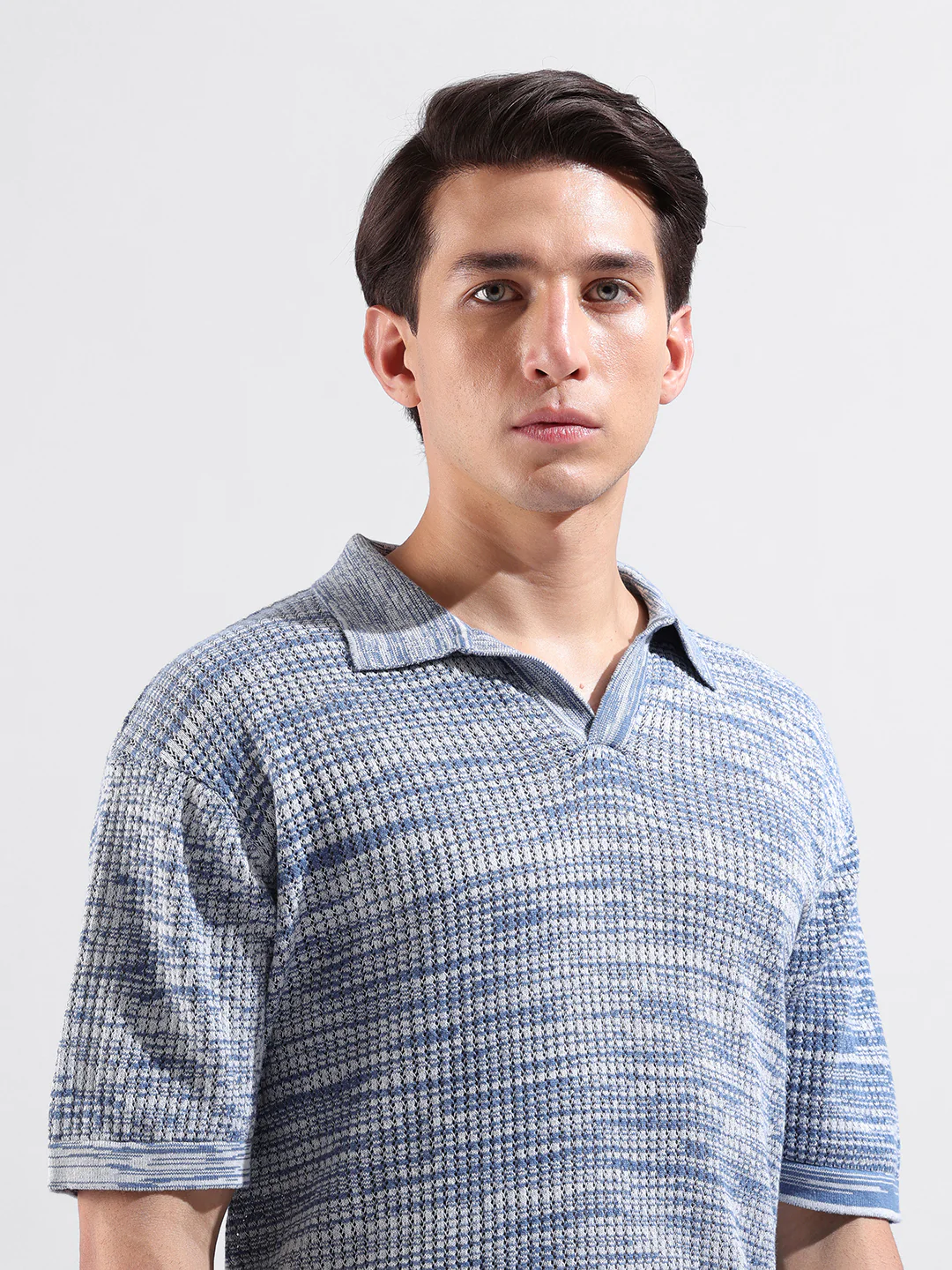 Men's Blue Oversized Fit Solid Flat Knit Polo T-Shirt - Image 7