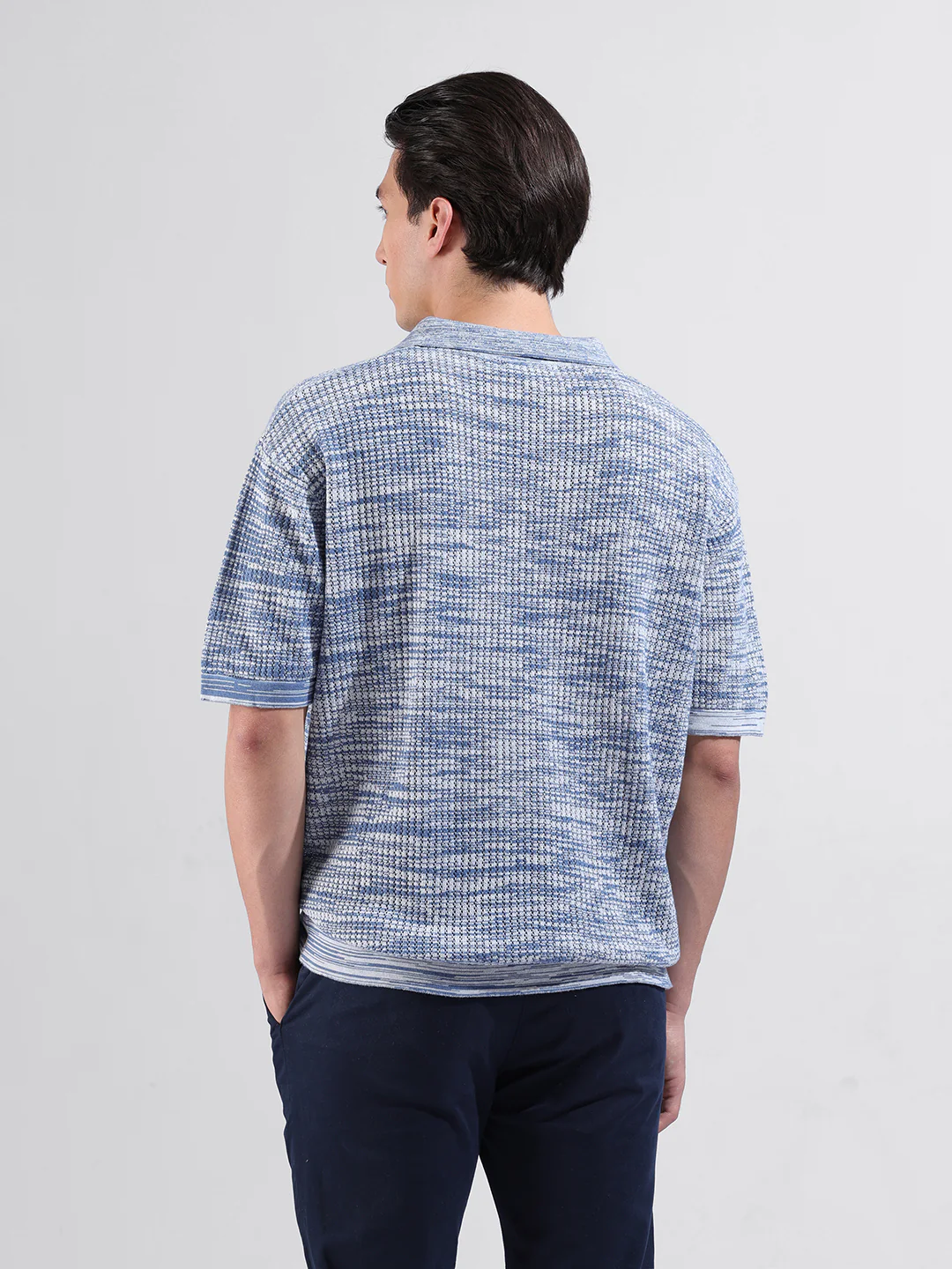 Men's Blue Oversized Fit Solid Flat Knit Polo T-Shirt - Image 8