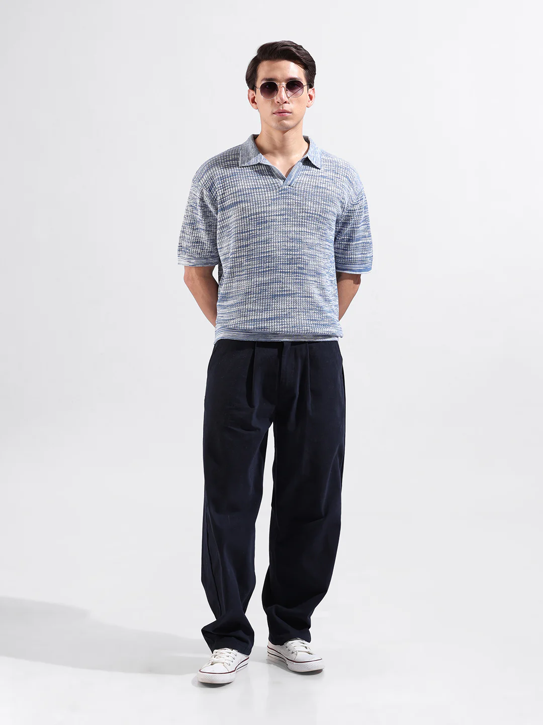 Men's Blue Oversized Fit Solid Flat Knit Polo T-Shirt - Image 9