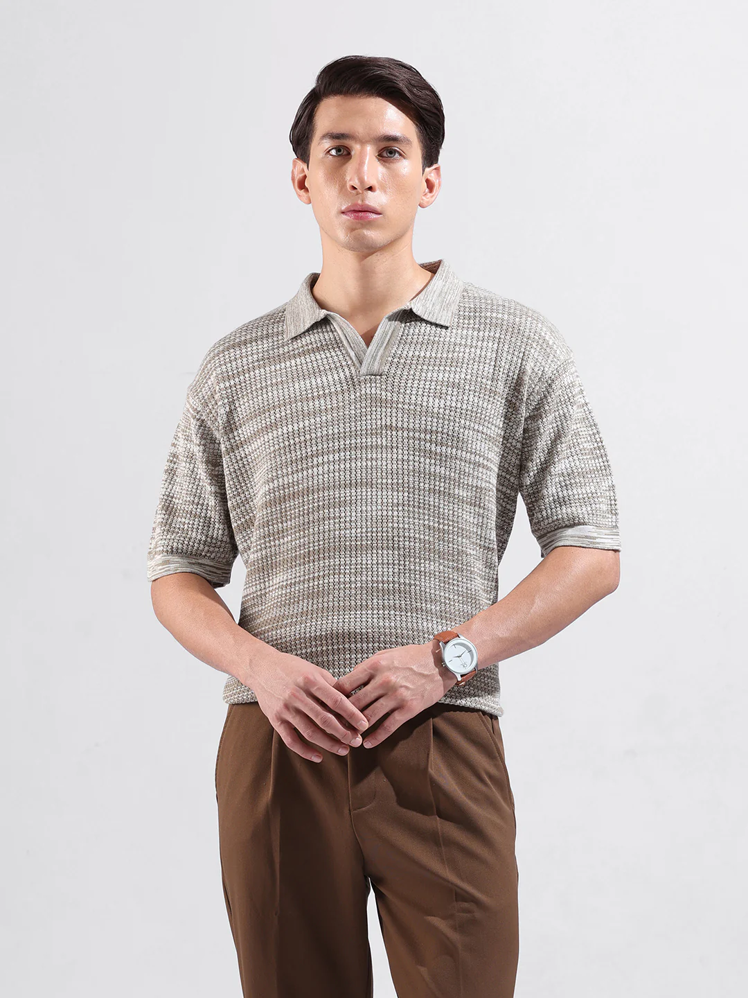 Men's Beige Oversized Fit Solid Flat Knit Polo Polo T-Shirt