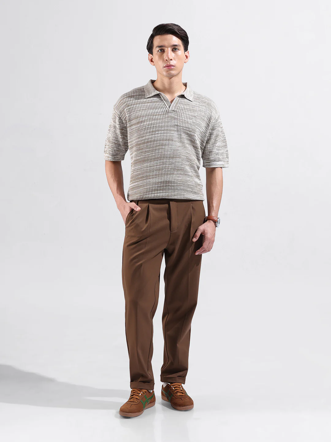 Men's Beige Oversized Fit Solid Flat Knit Polo Polo T-Shirt - Image 5
