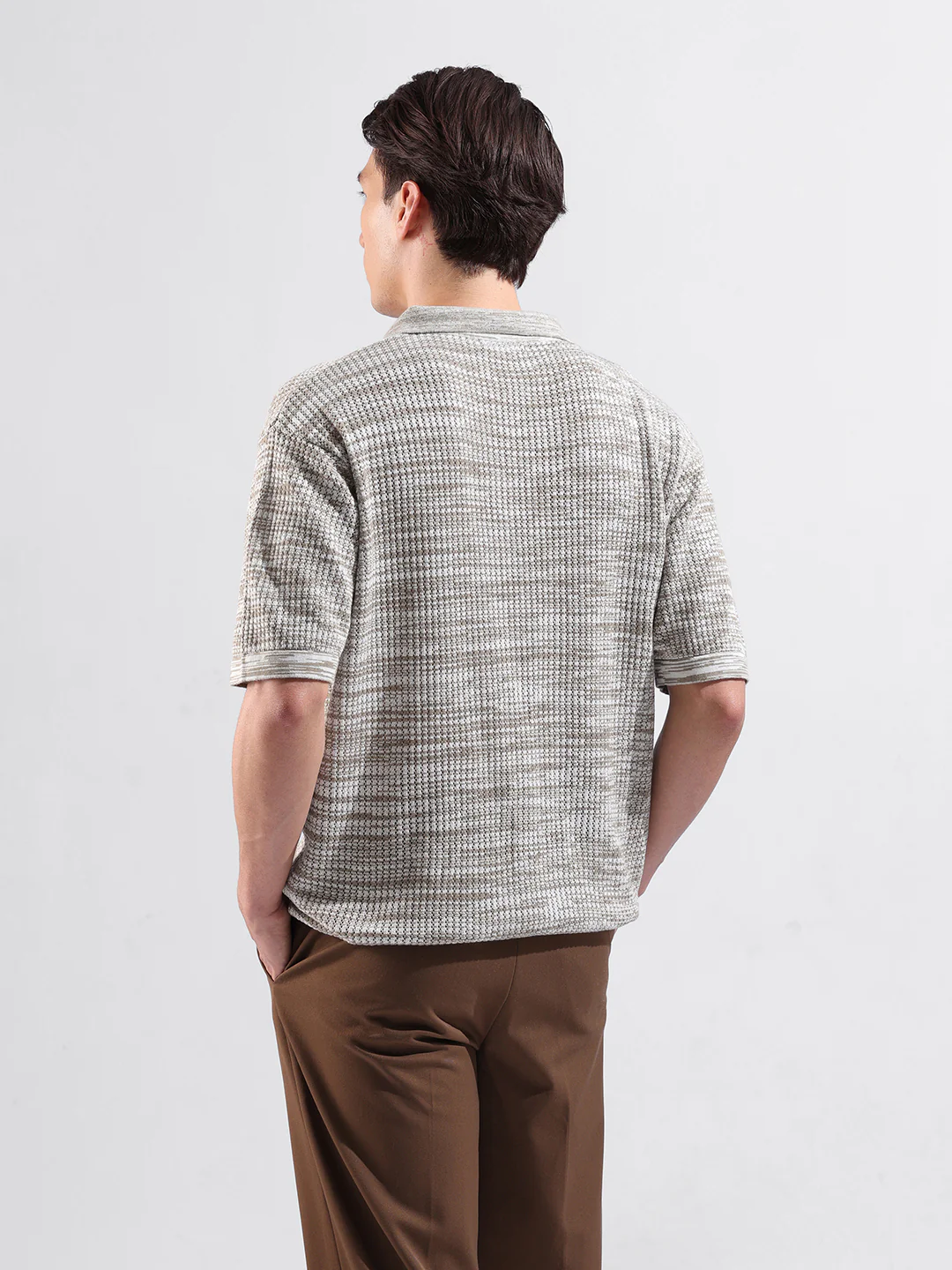 Men's Beige Oversized Fit Solid Flat Knit Polo Polo T-Shirt - Image 6