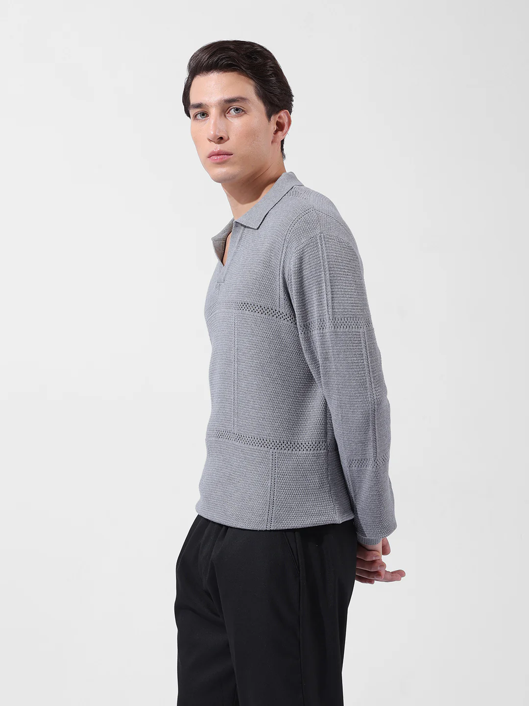 Men's Grey Oversized Fit Striped Flat Knit Polo  Polo T-Shirt - Image 2
