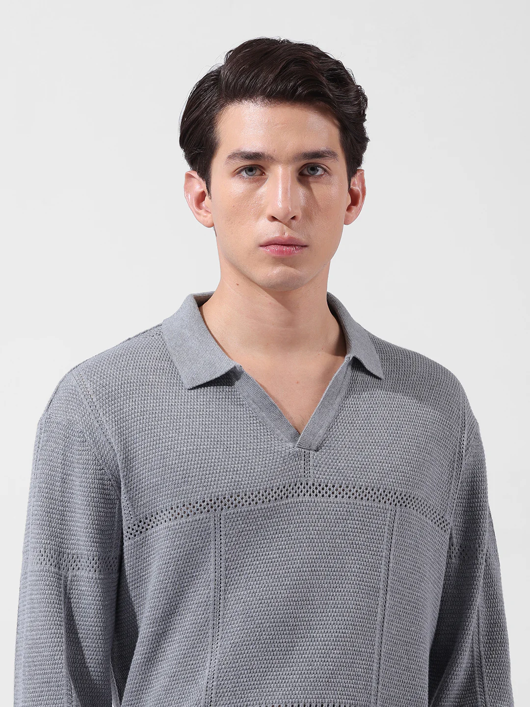 Men's Grey Oversized Fit Striped Flat Knit Polo  Polo T-Shirt - Image 5