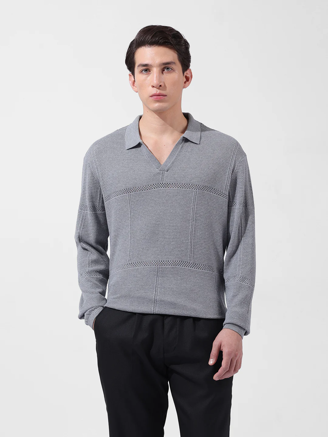 Men's Grey Oversized Fit Striped Flat Knit Polo  Polo T-Shirt - Image 6