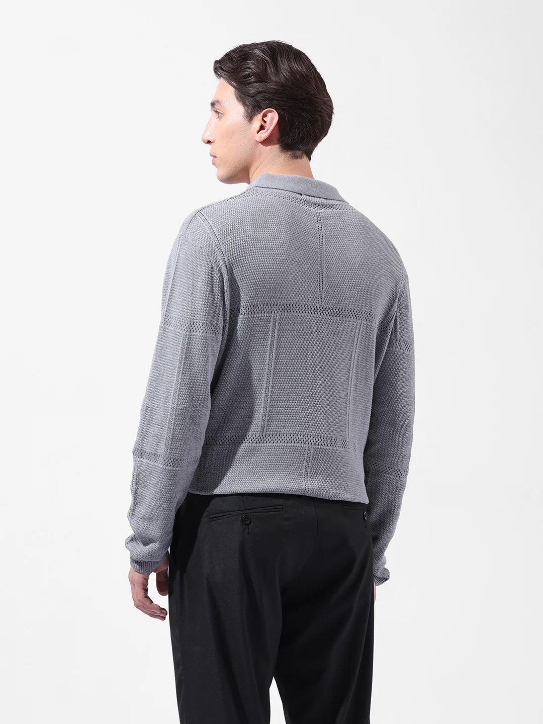Men's Grey Oversized Fit Striped Flat Knit Polo  Polo T-Shirt - Image 8