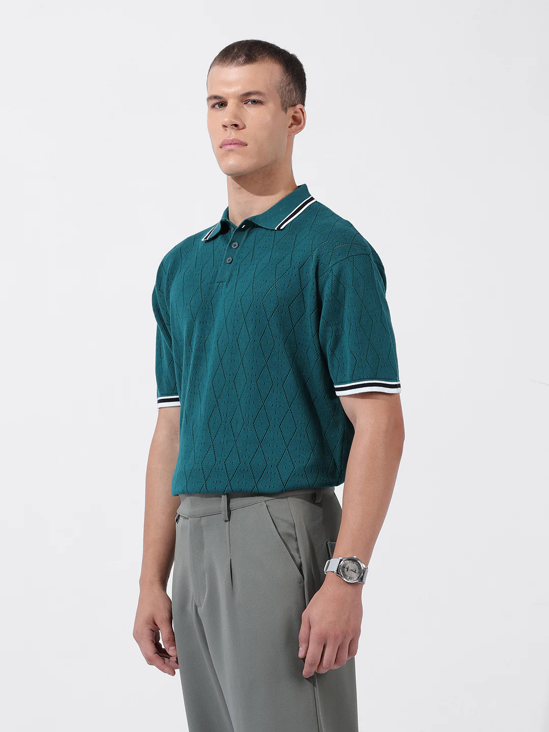 Men's Teal Oversized Fit Solid Flat Knit Polo T-Shirt - Image 2