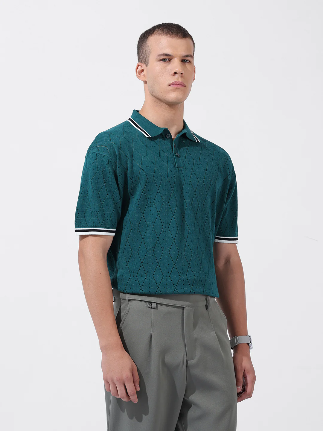 Men's Teal Oversized Fit Solid Flat Knit Polo T-Shirt - Image 3