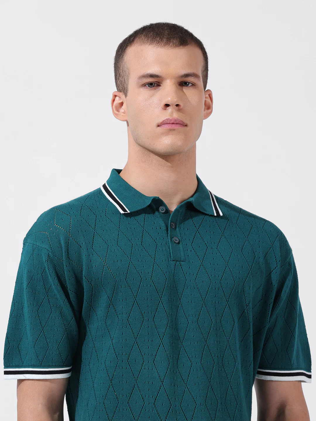 Men's Teal Oversized Fit Solid Flat Knit Polo T-Shirt - Image 4