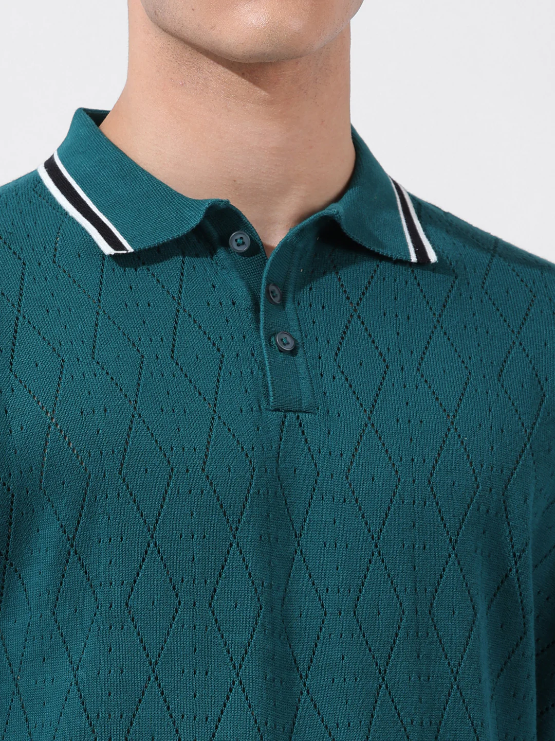 Men's Teal Oversized Fit Solid Flat Knit Polo T-Shirt - Image 5