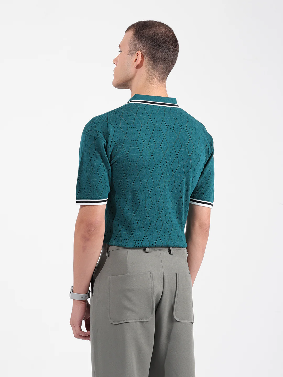 Men's Teal Oversized Fit Solid Flat Knit Polo T-Shirt - Image 6