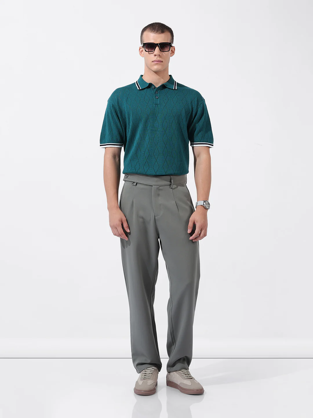 Men's Teal Oversized Fit Solid Flat Knit Polo T-Shirt - Image 7