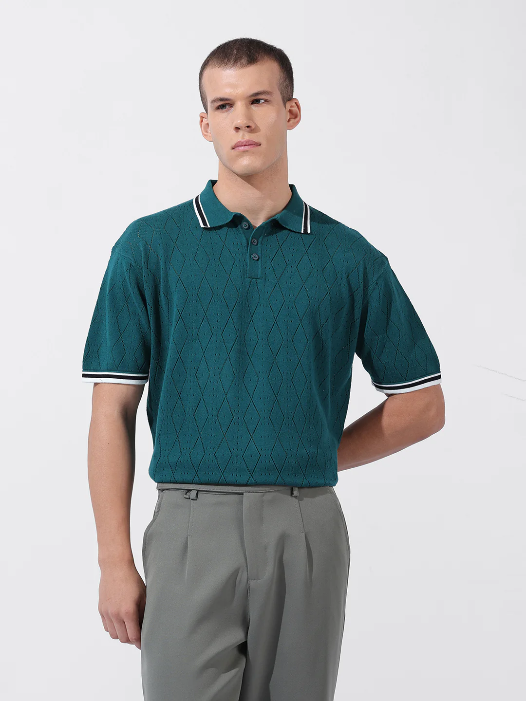 Men's Teal Oversized Fit Solid Flat Knit Polo T-Shirt - Image 8