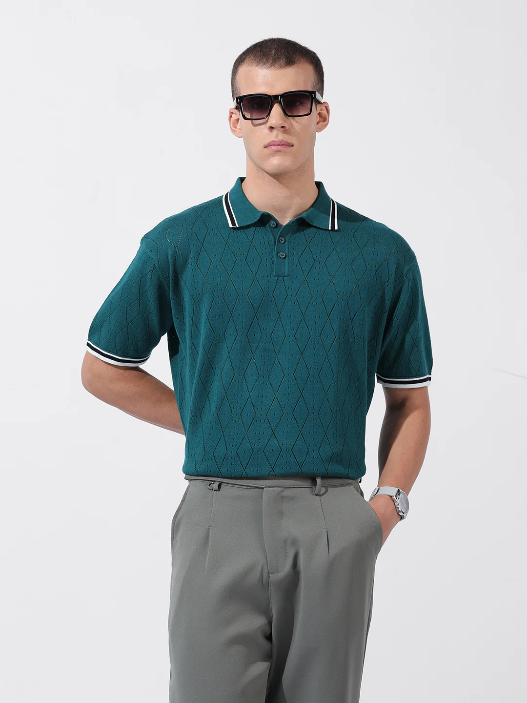 Men's Teal Oversized Fit Solid Flat Knit Polo T-Shirt - Image 9