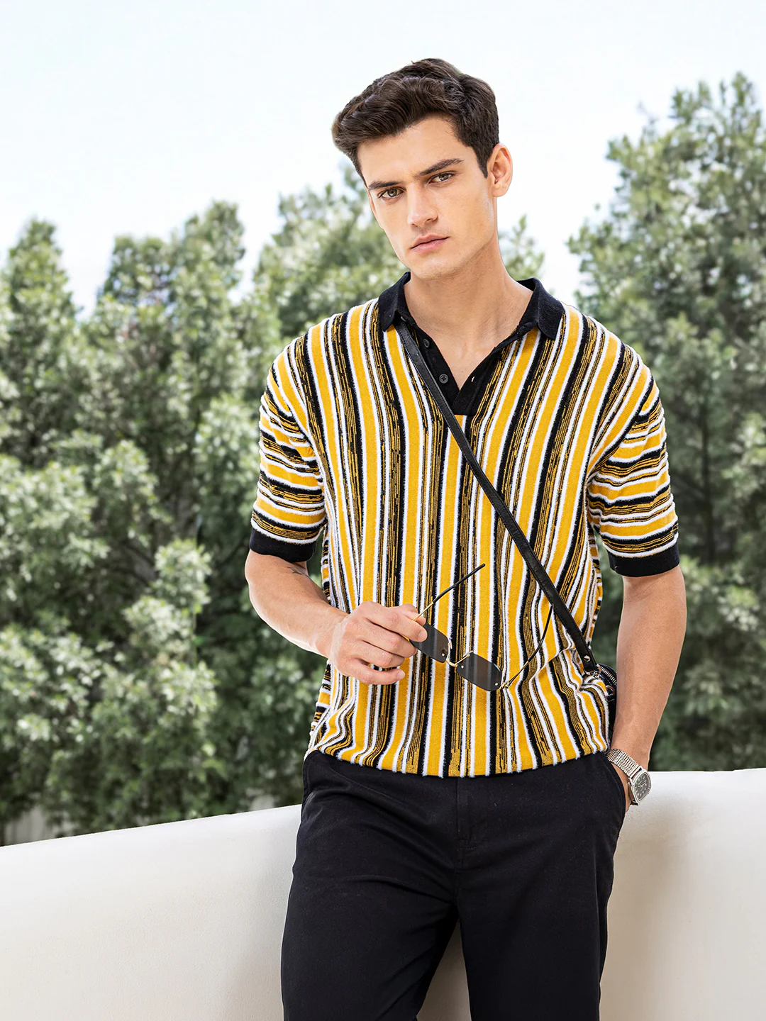 Men's Yellow Oversized Fit Striped Flat Knit Polo T-Shirt