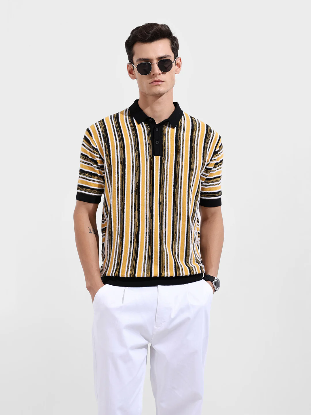 Men's Yellow Oversized Fit Striped Flat Knit Polo T-Shirt - Image 2