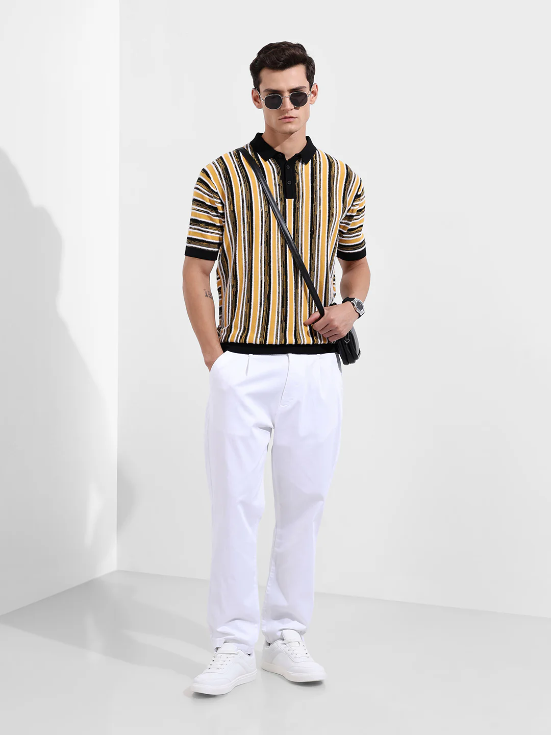 Men's Yellow Oversized Fit Striped Flat Knit Polo T-Shirt - Image 3