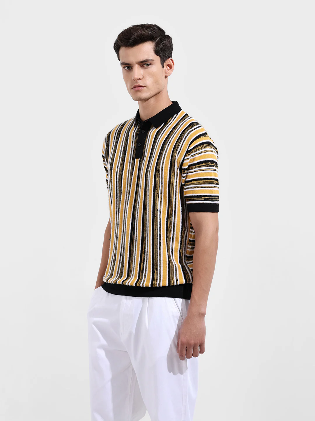 Men's Yellow Oversized Fit Striped Flat Knit Polo T-Shirt - Image 4