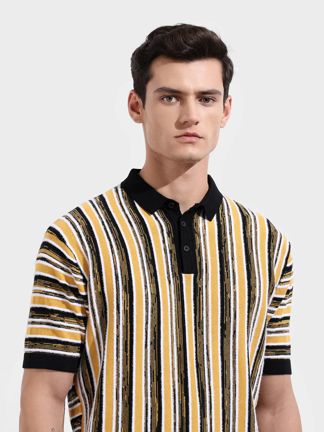 Men's Yellow Oversized Fit Striped Flat Knit Polo T-Shirt - Image 5