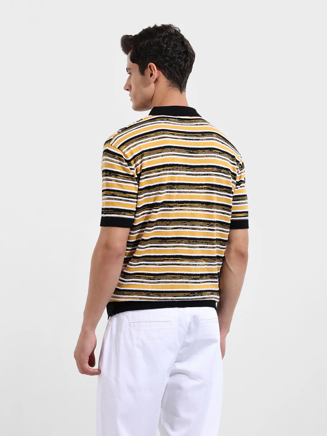 Men's Yellow Oversized Fit Striped Flat Knit Polo T-Shirt - Image 6