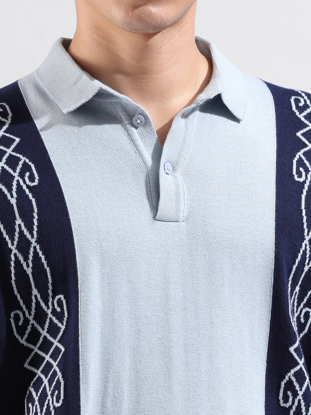 Men's Navy Blue Oversized Fit Striped Flat Knit Polo T-Shirt - Image 3