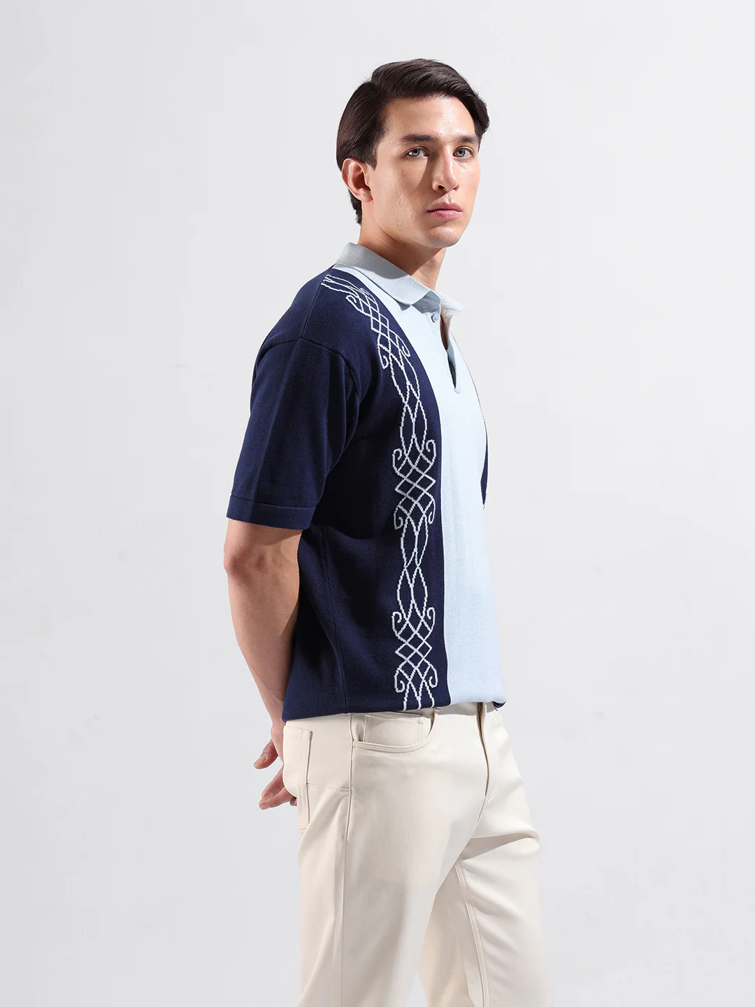 Men's Navy Blue Oversized Fit Striped Flat Knit Polo T-Shirt - Image 4