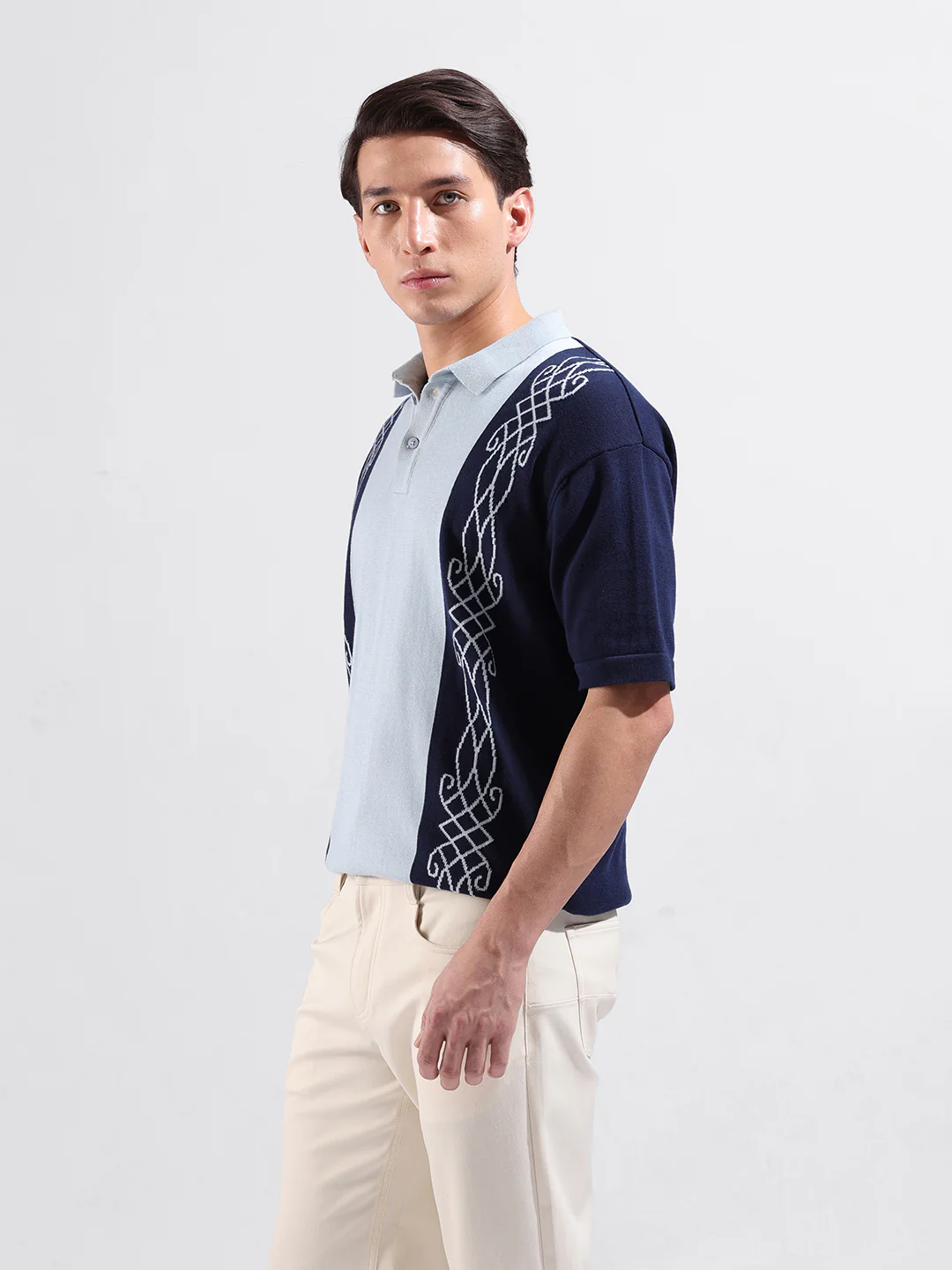 Men's Navy Blue Oversized Fit Striped Flat Knit Polo T-Shirt - Image 5