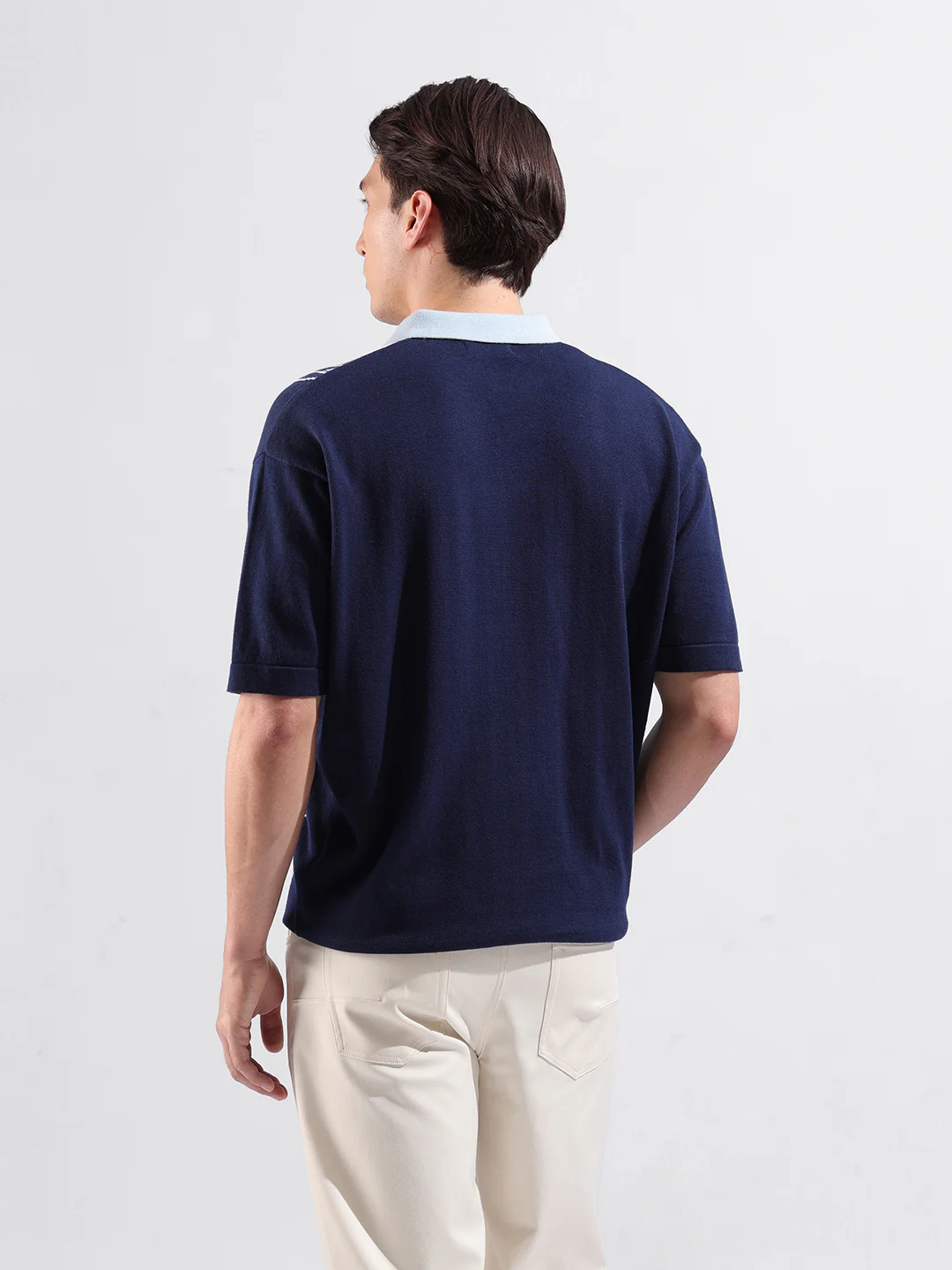 Men's Navy Blue Oversized Fit Striped Flat Knit Polo T-Shirt - Image 6