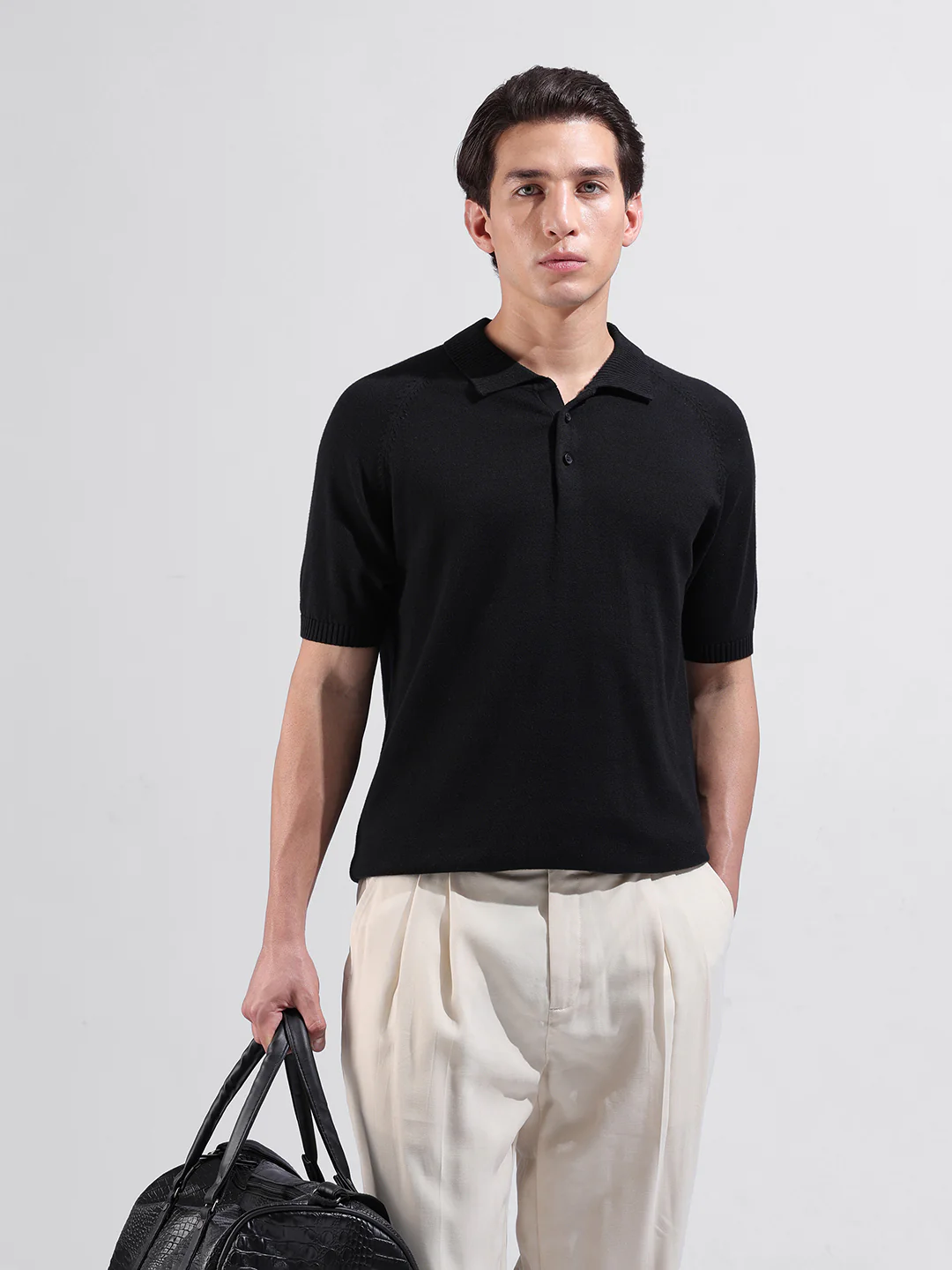 Men's Black Slim Fit Solid Flat Knit Polo T-Shirt - Image 2
