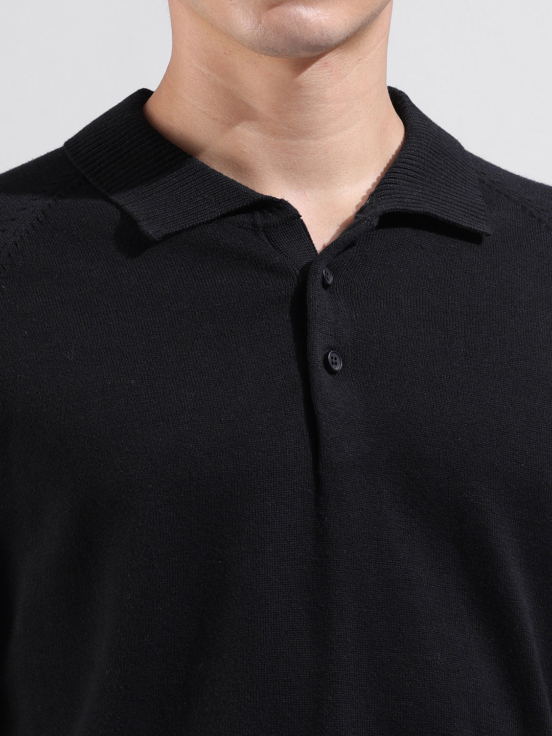 Men's Black Slim Fit Solid Flat Knit Polo T-Shirt - Image 3