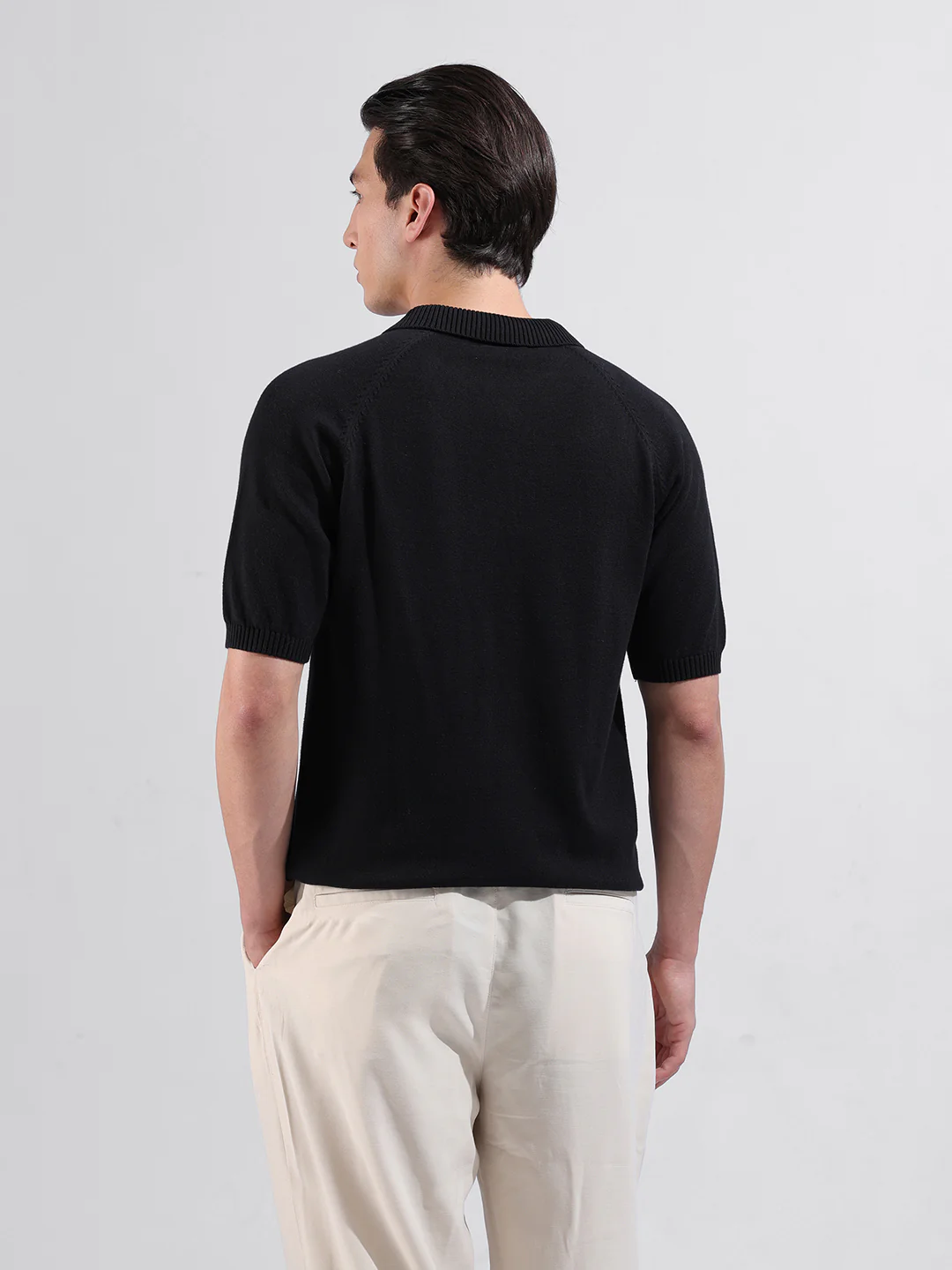 Men's Black Slim Fit Solid Flat Knit Polo T-Shirt - Image 4