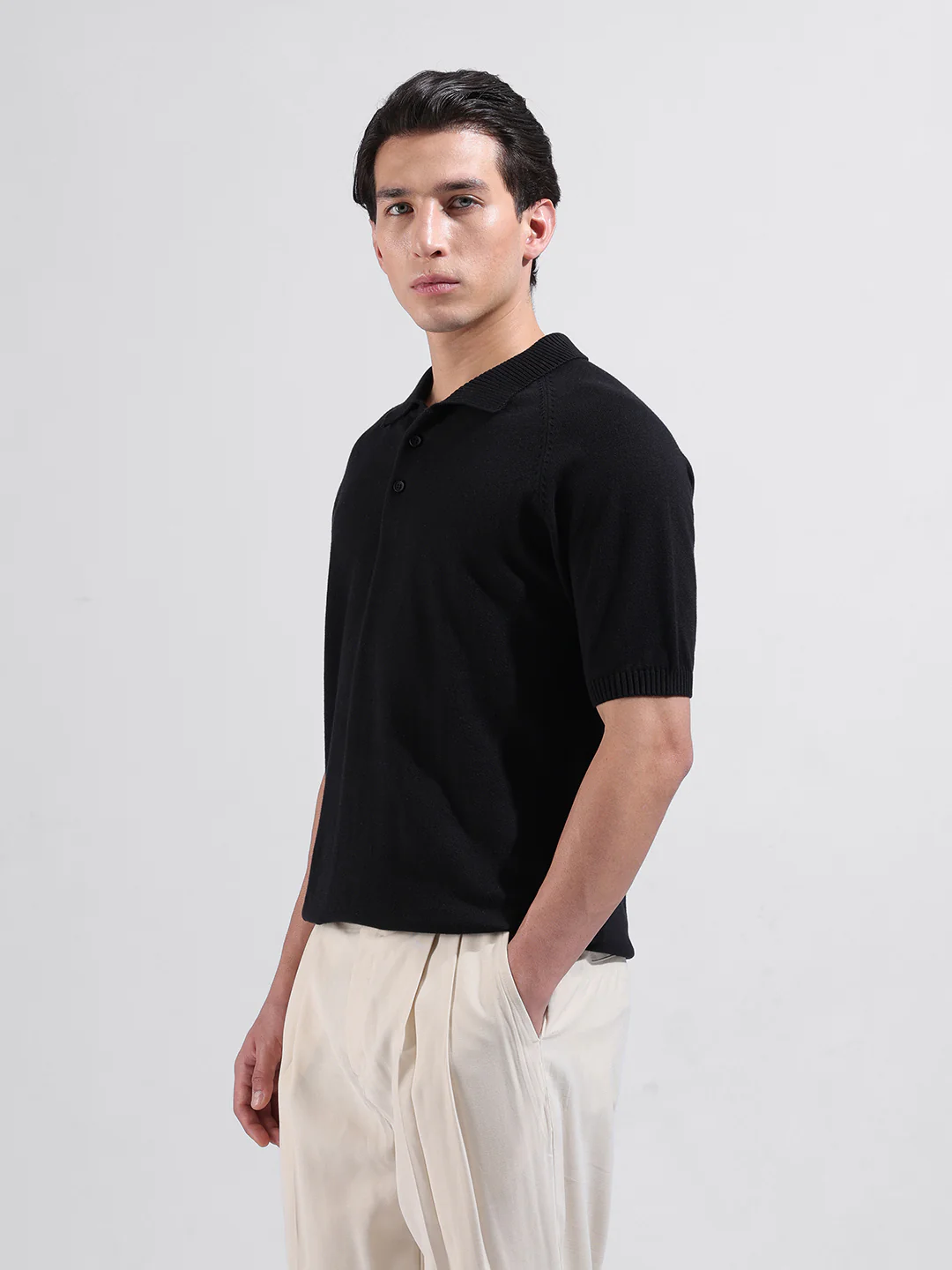 Men's Black Slim Fit Solid Flat Knit Polo T-Shirt - Image 6