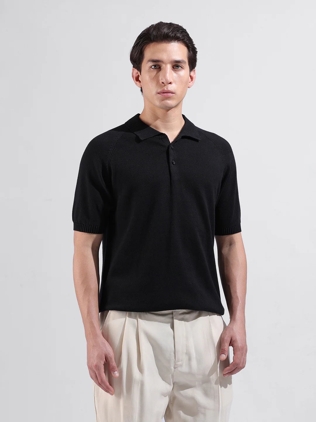 Men's Black Slim Fit Solid Flat Knit Polo T-Shirt - Image 7