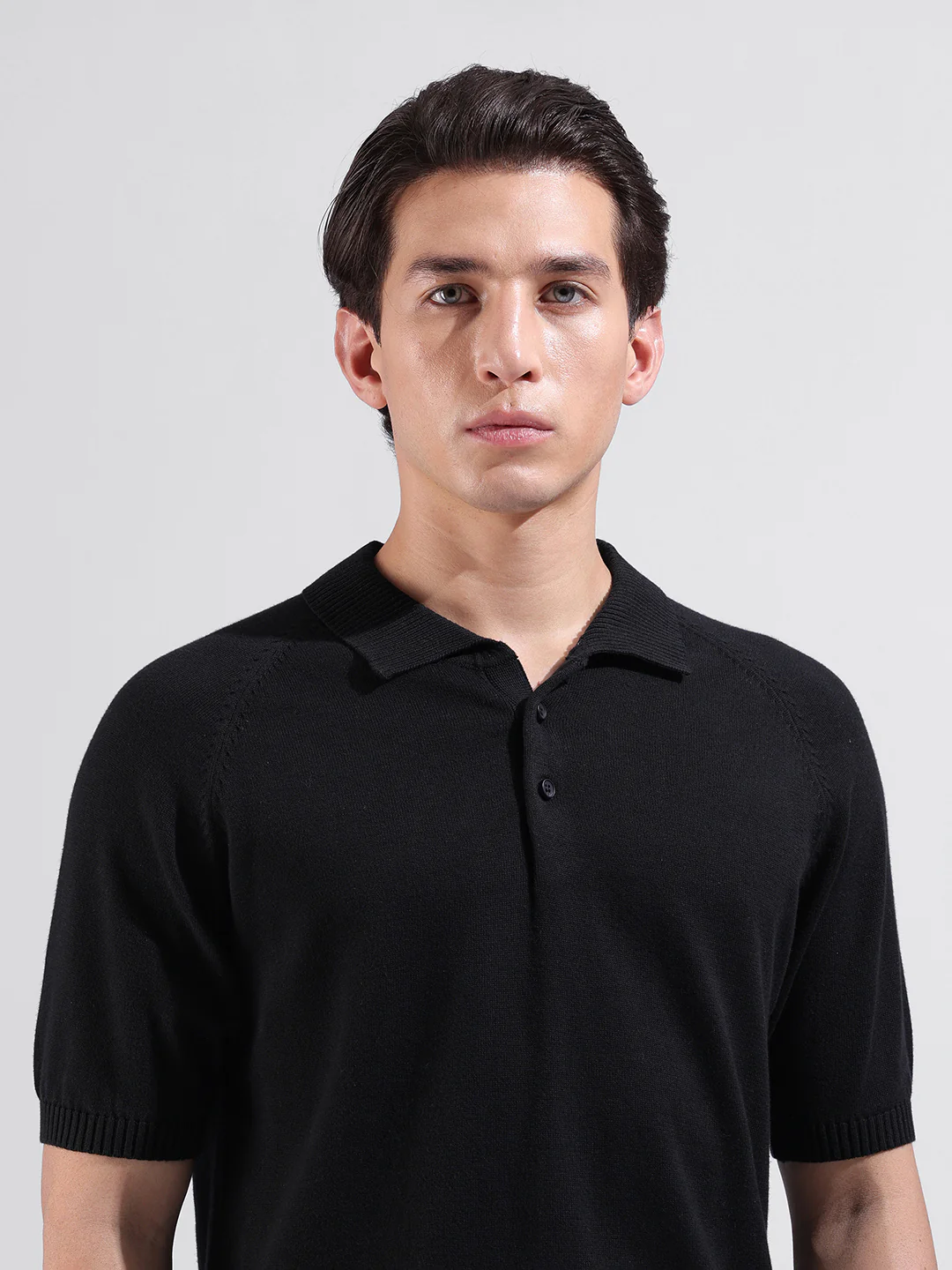 Men's Black Slim Fit Solid Flat Knit Polo T-Shirt - Image 8