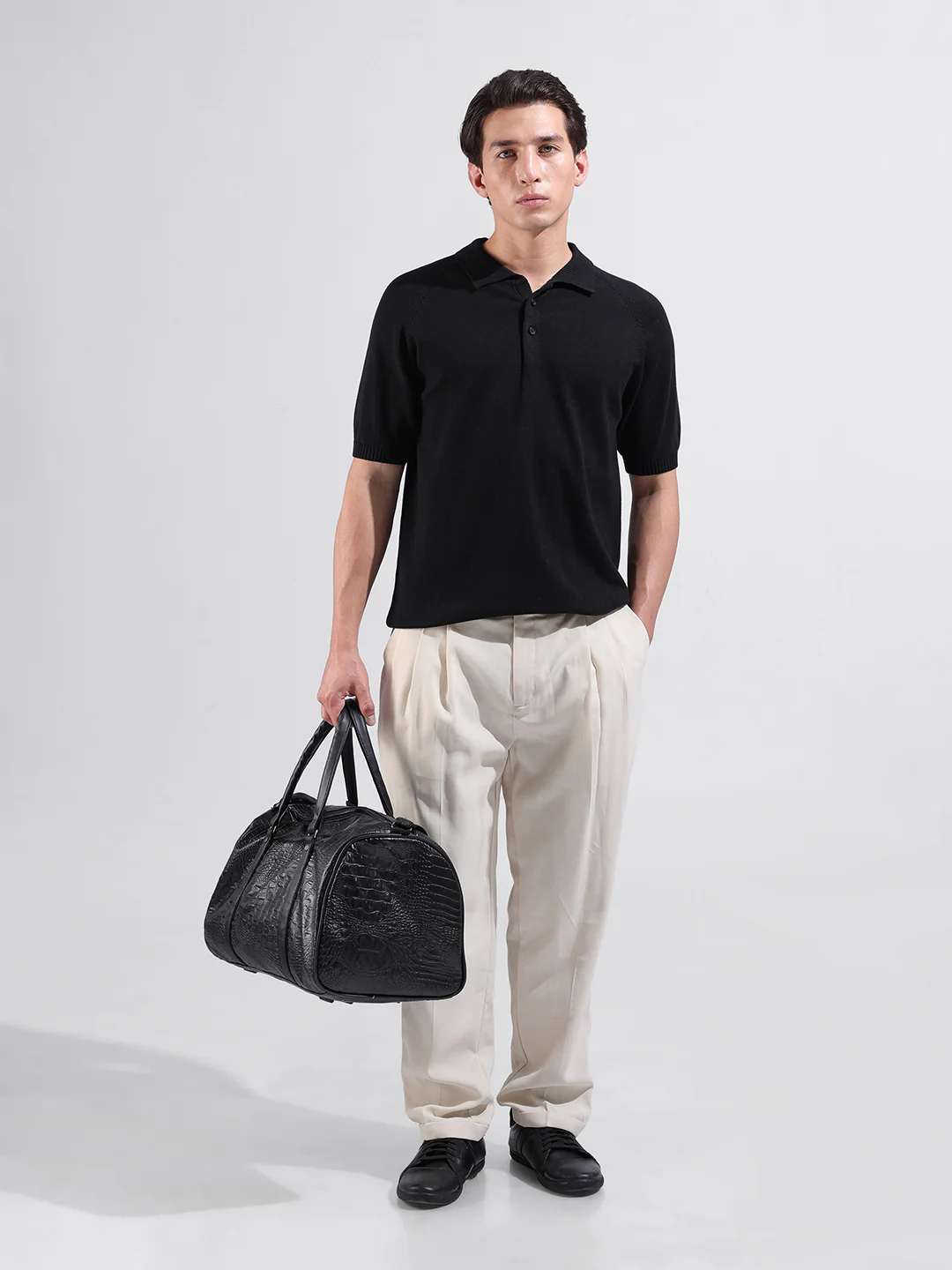 Men's Black Slim Fit Solid Flat Knit Polo T-Shirt - Image 9
