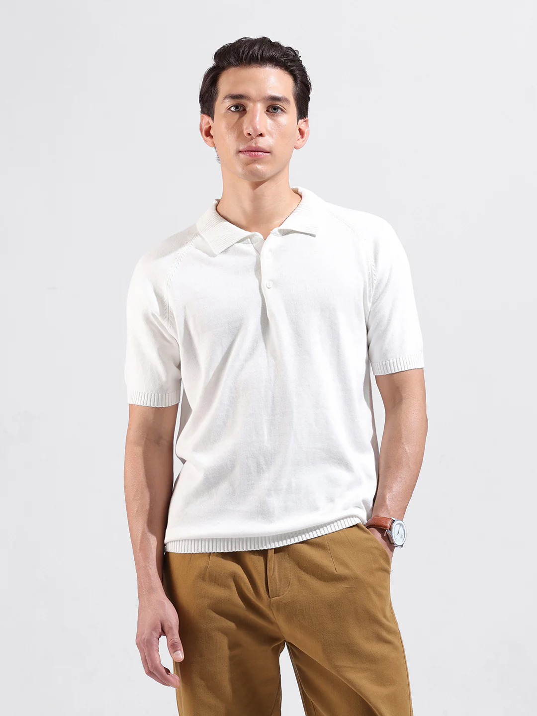 Men's White Slim Fit Solid Flat Knit Polo T-Shirt - Image 2