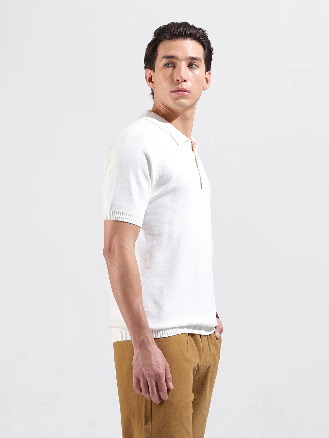 Men's White Slim Fit Solid Flat Knit Polo T-Shirt - Image 4