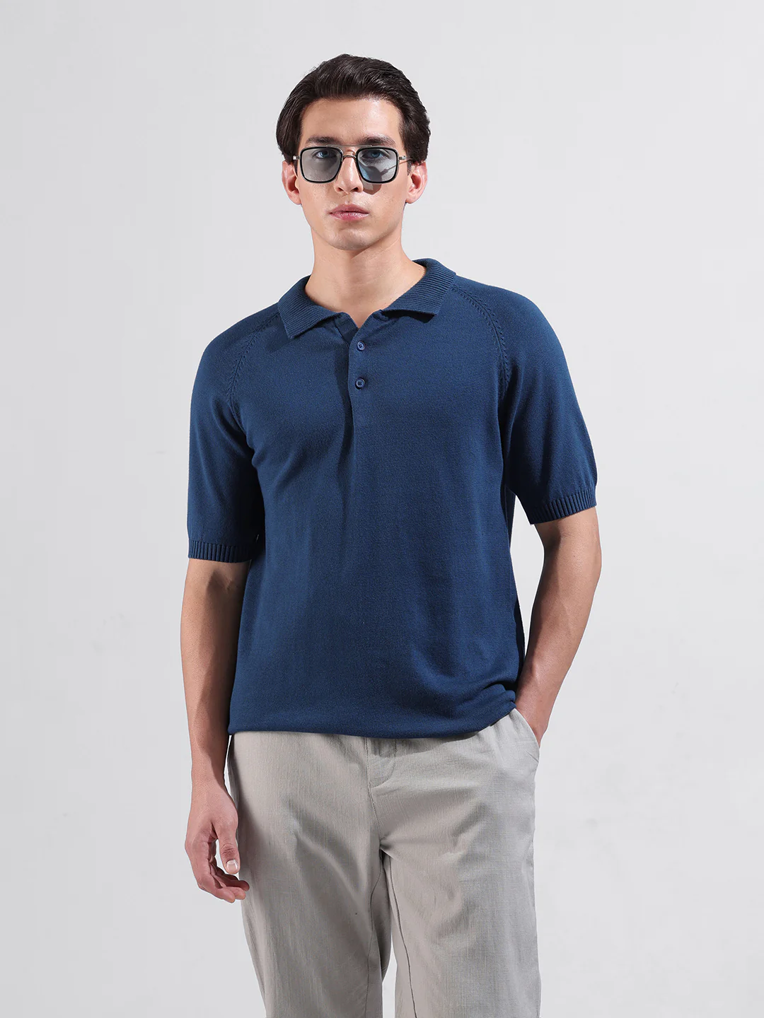 Men's Teal Slim Fit Solid Flat Knit Polo T-Shirt - Image 2