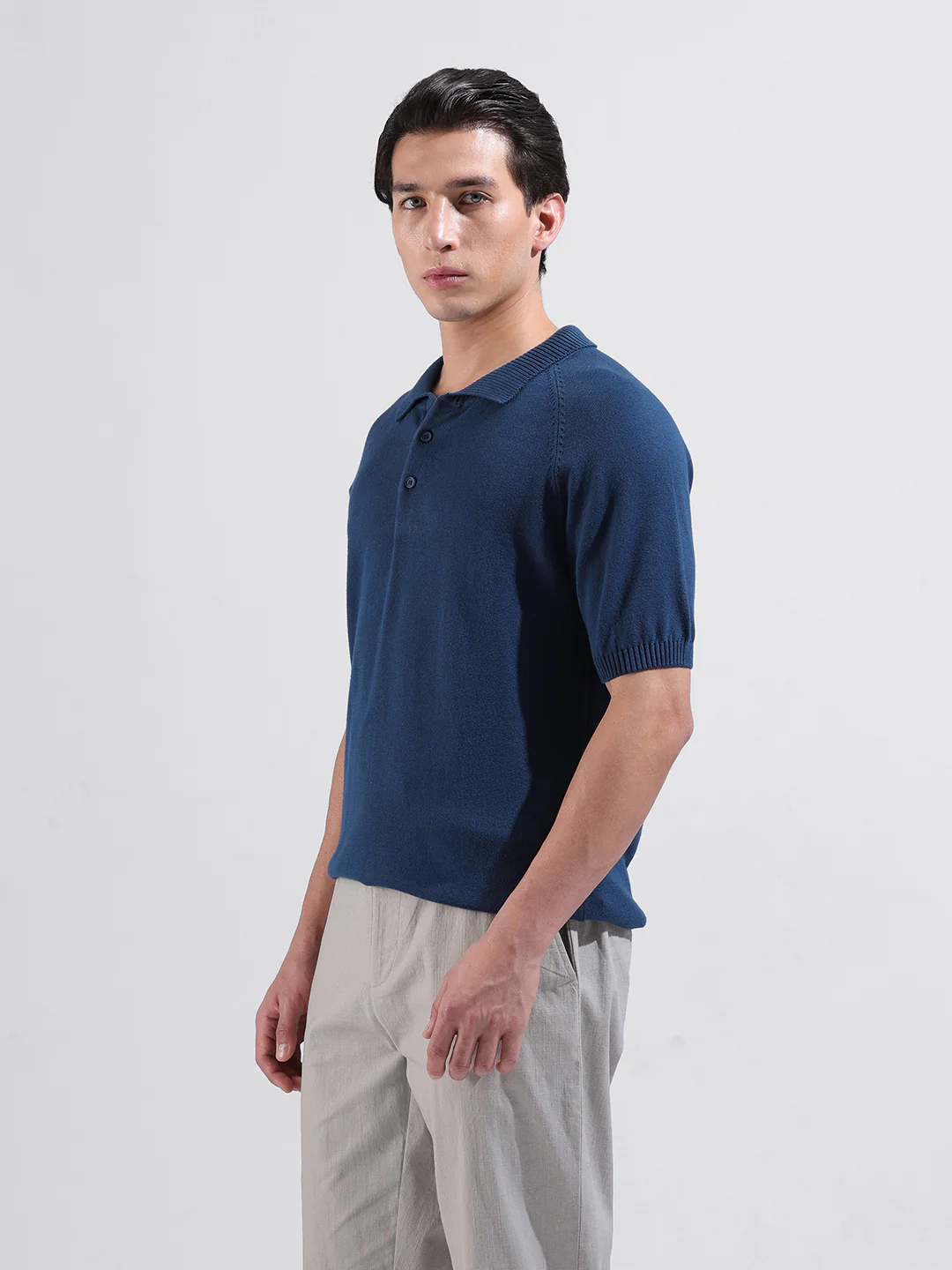 Men's Teal Slim Fit Solid Flat Knit Polo T-Shirt - Image 4