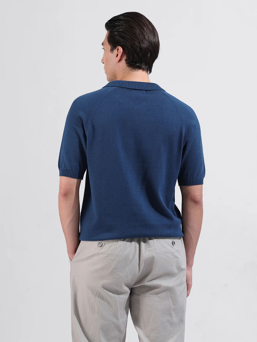 Men's Teal Slim Fit Solid Flat Knit Polo T-Shirt - Image 5