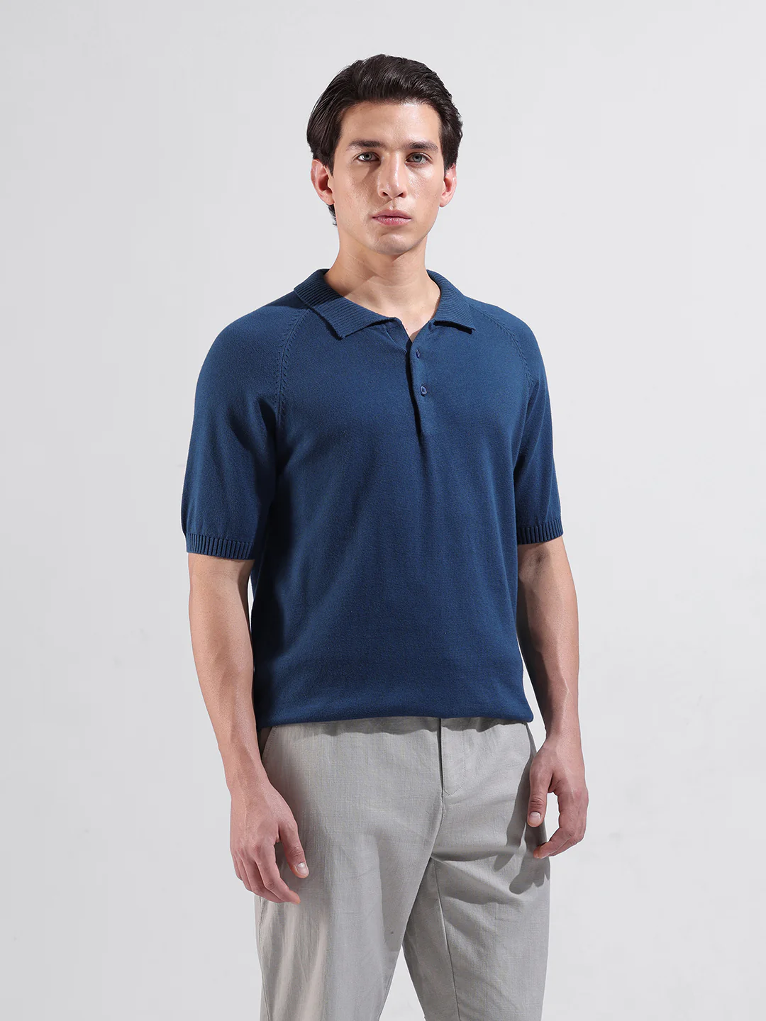 Men's Teal Slim Fit Solid Flat Knit Polo T-Shirt - Image 6